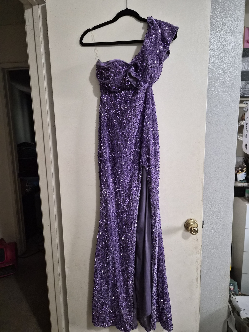 One-Shoulder Lavender Sequin Velvet Evening Gown